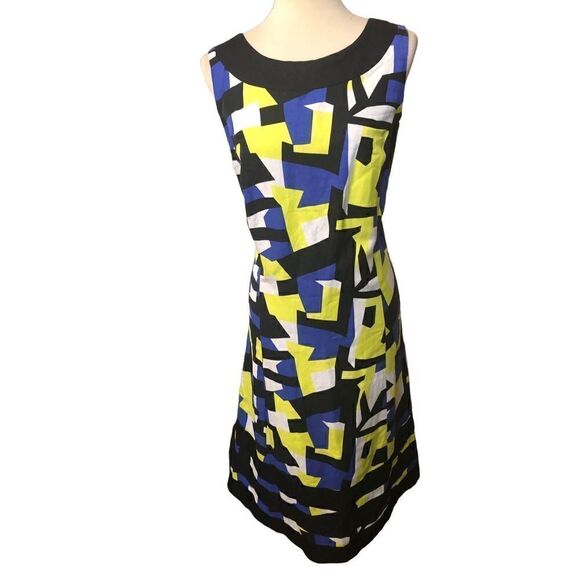 Ashley Stewart linen blend A line midi geometric design blue, yellow and black s - Picture 1 of 13
